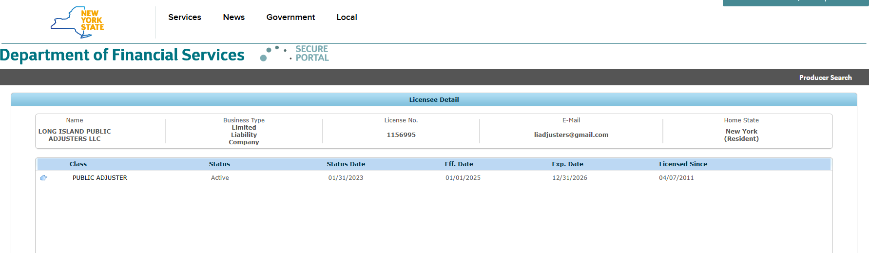 New York State Department of Financial Services public adjuster license for Kevin Godfrey, PA-1156995